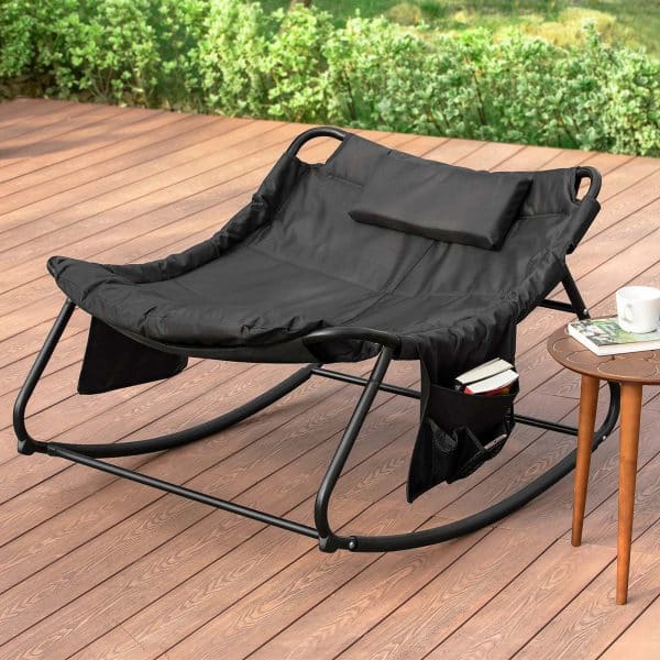 Gyngestol / afslapningsstol med sidelomme, kan foldes, god i haven, sort