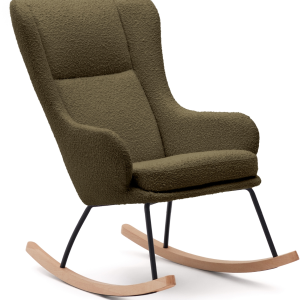 Gyngestol Kave Home Maustin grøn med polstret shearling-stof, sort stålstel og bøgetræsskøjter H106xB68xL95 cm