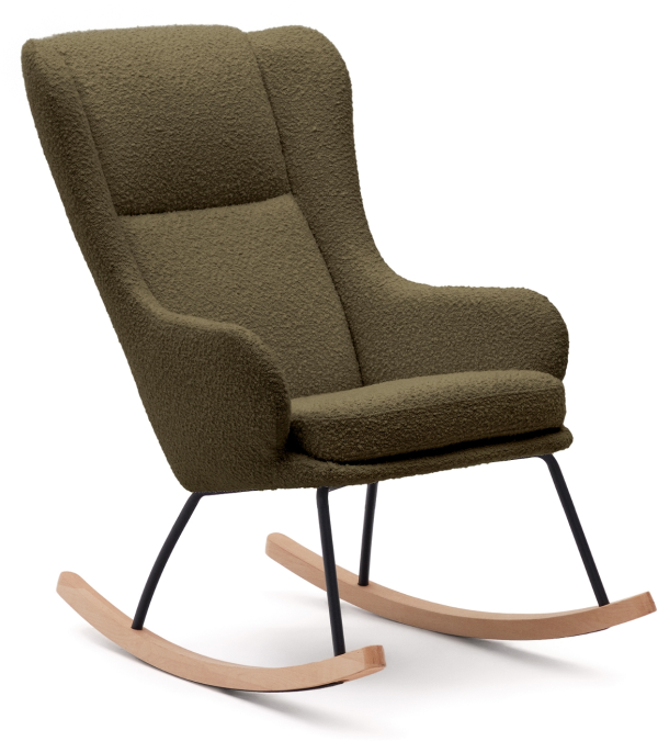 Gyngestol Kave Home Maustin grøn med polstret shearling-stof, sort stålstel og bøgetræsskøjter H106xB68xL95 cm