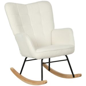 Gyngestol i fleece-look med armlæn, ergonomisk lænestol med træbase, til stue, soveværelse, hvid