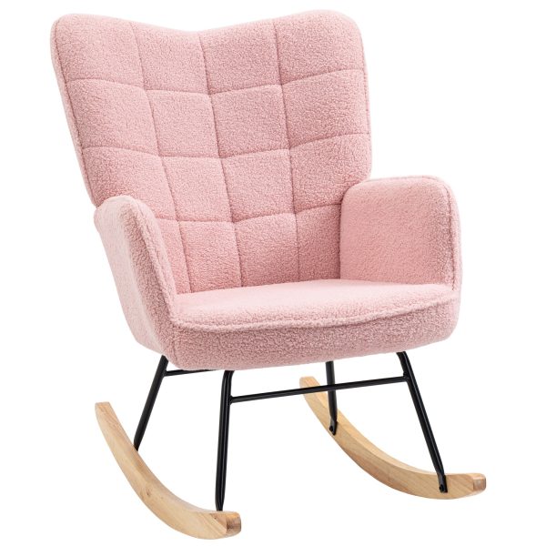 Retro gyngestol, massivt træ, lænestol, afslappende lænestol, 98 cm x 71 cm x 101 cm, lyserød