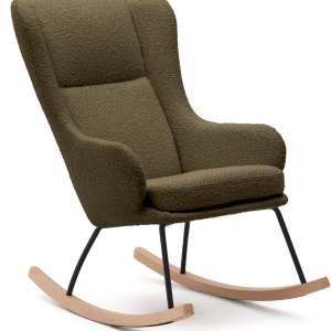Gyngestol Kave Home Maustin grøn med polstret shearling-stof, sort stålstel og bøgetræsskøjter H106xB68xL95 cm